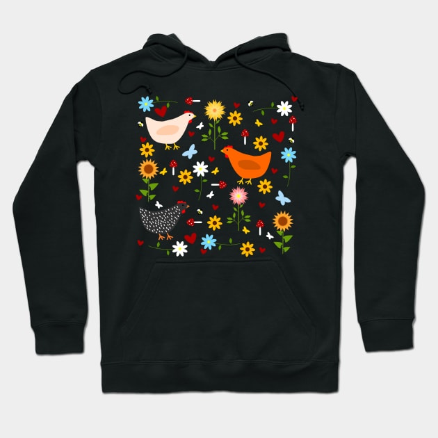 Chickens in the Garden with Sunflowers, Daisies, Dahlias, Hearts, and Mushrooms Hoodie by DandelionDays